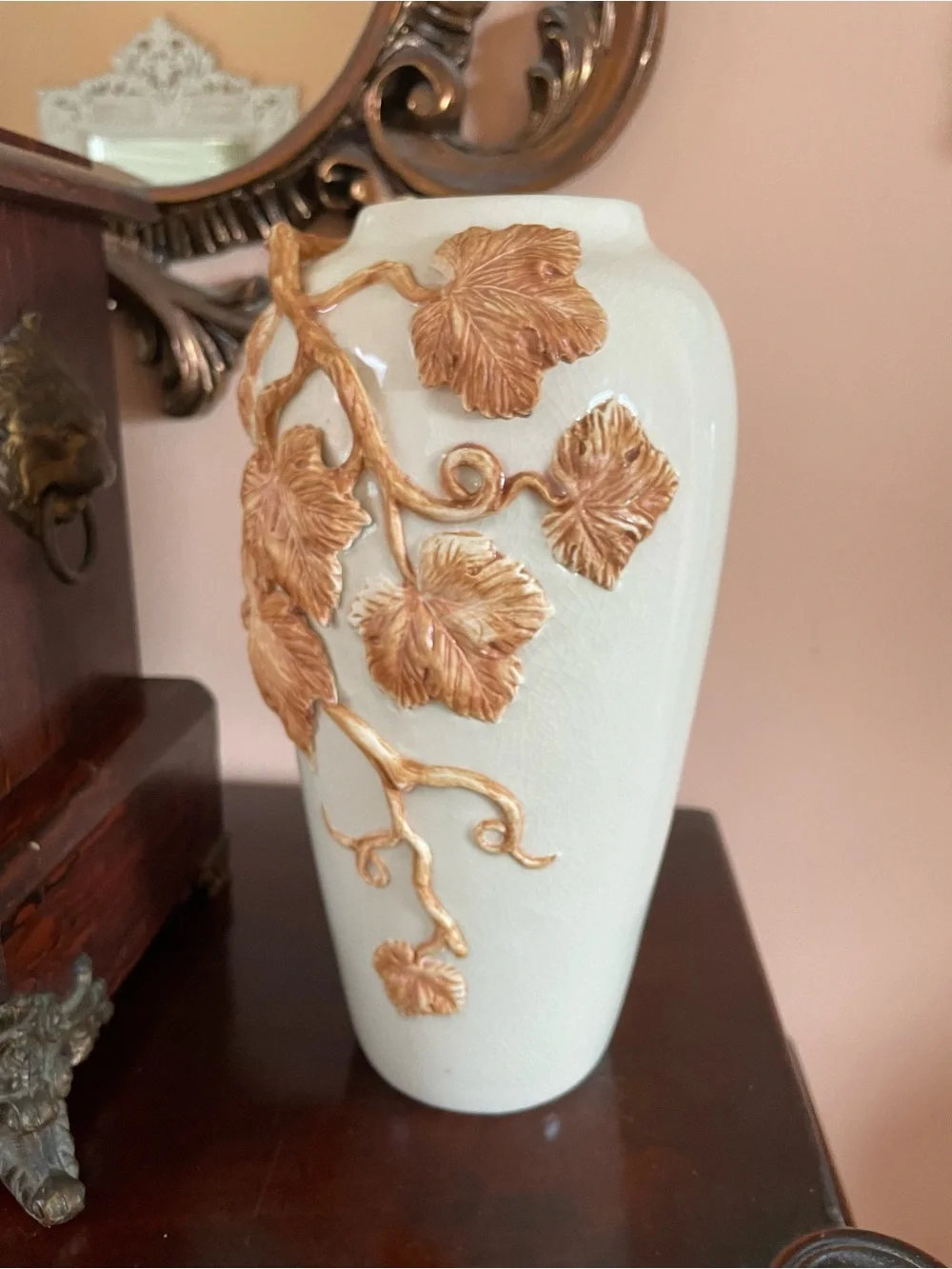 Vintage Fitz and Floyd White Ceramic Vase with Winding Gold Leaf Relief  10 1/2”